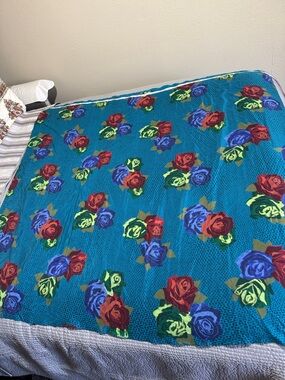 Versace Teal Floral Rose Print scarf with Red, Blue & Green Accents 💯 silk.